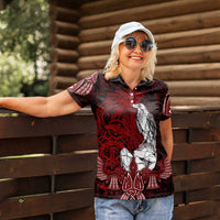 Raven and Serpent Norse Mythology Women Polo Shirt Red and White Viking Line Art