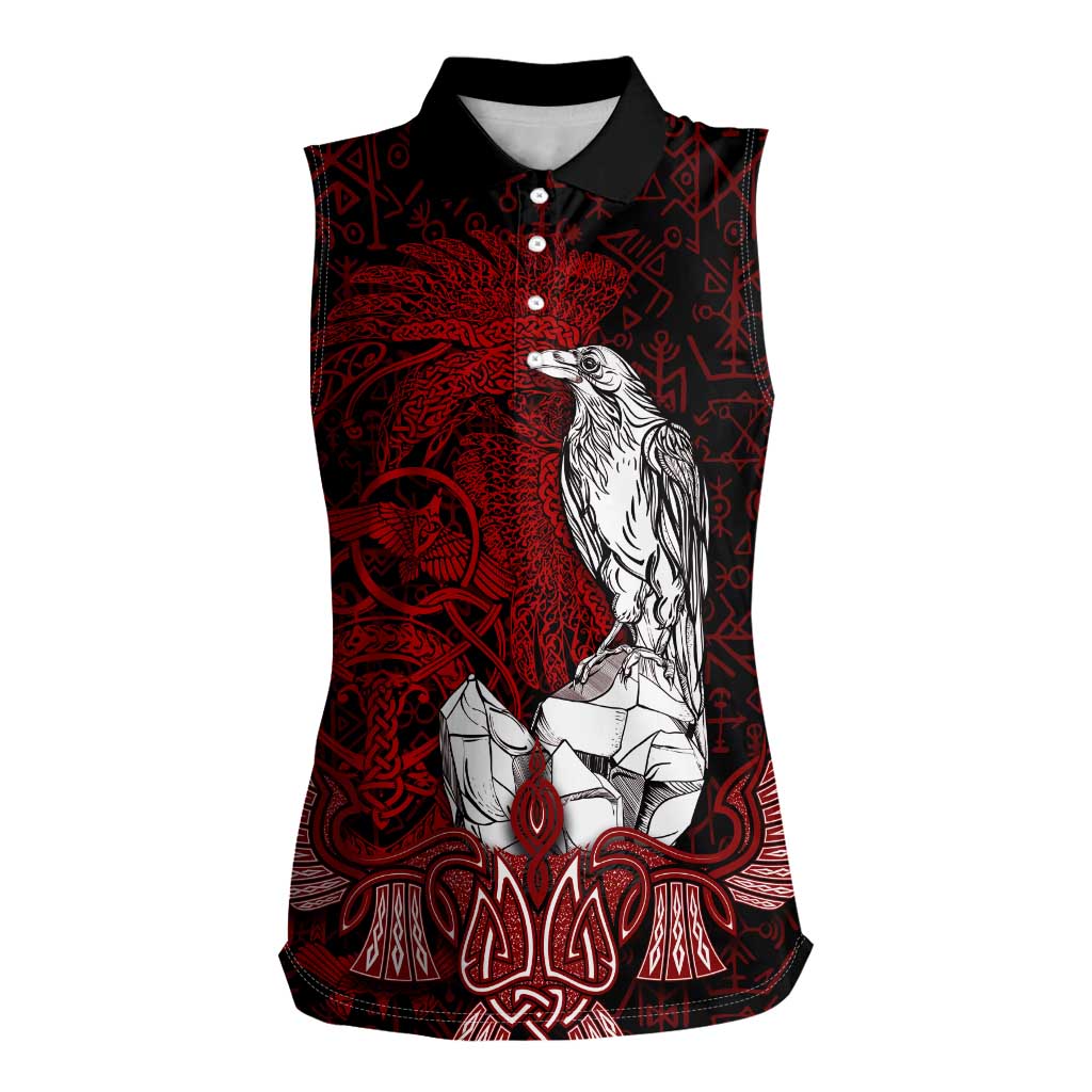 Raven and Serpent Norse Mythology Women Sleeveless Polo Shirt Red and White Viking Line Art