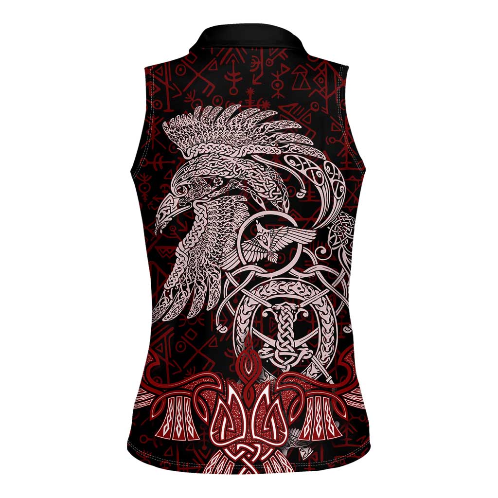 Raven and Serpent Norse Mythology Women Sleeveless Polo Shirt Red and White Viking Line Art