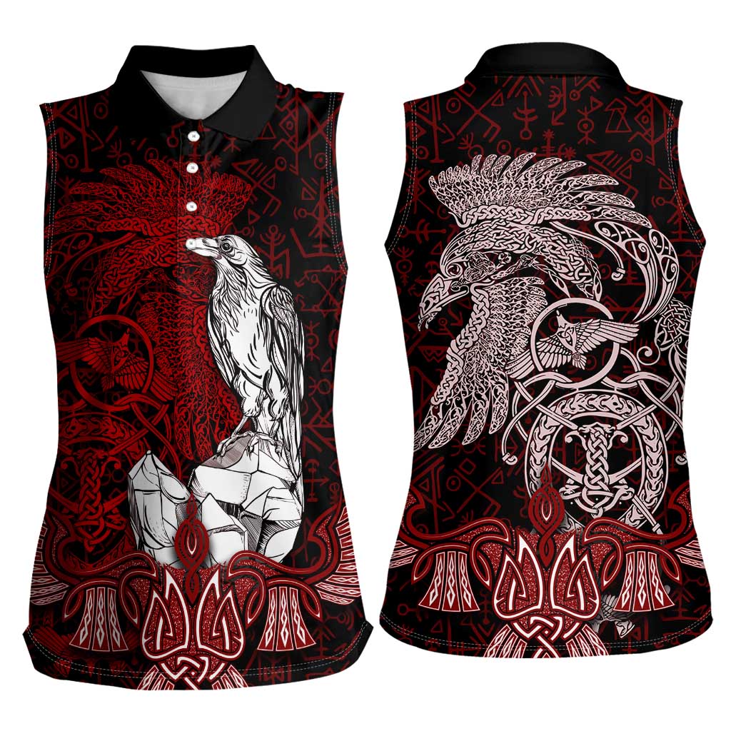 Raven and Serpent Norse Mythology Women Sleeveless Polo Shirt Red and White Viking Line Art