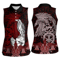 Raven and Serpent Norse Mythology Women Sleeveless Polo Shirt Red and White Viking Line Art