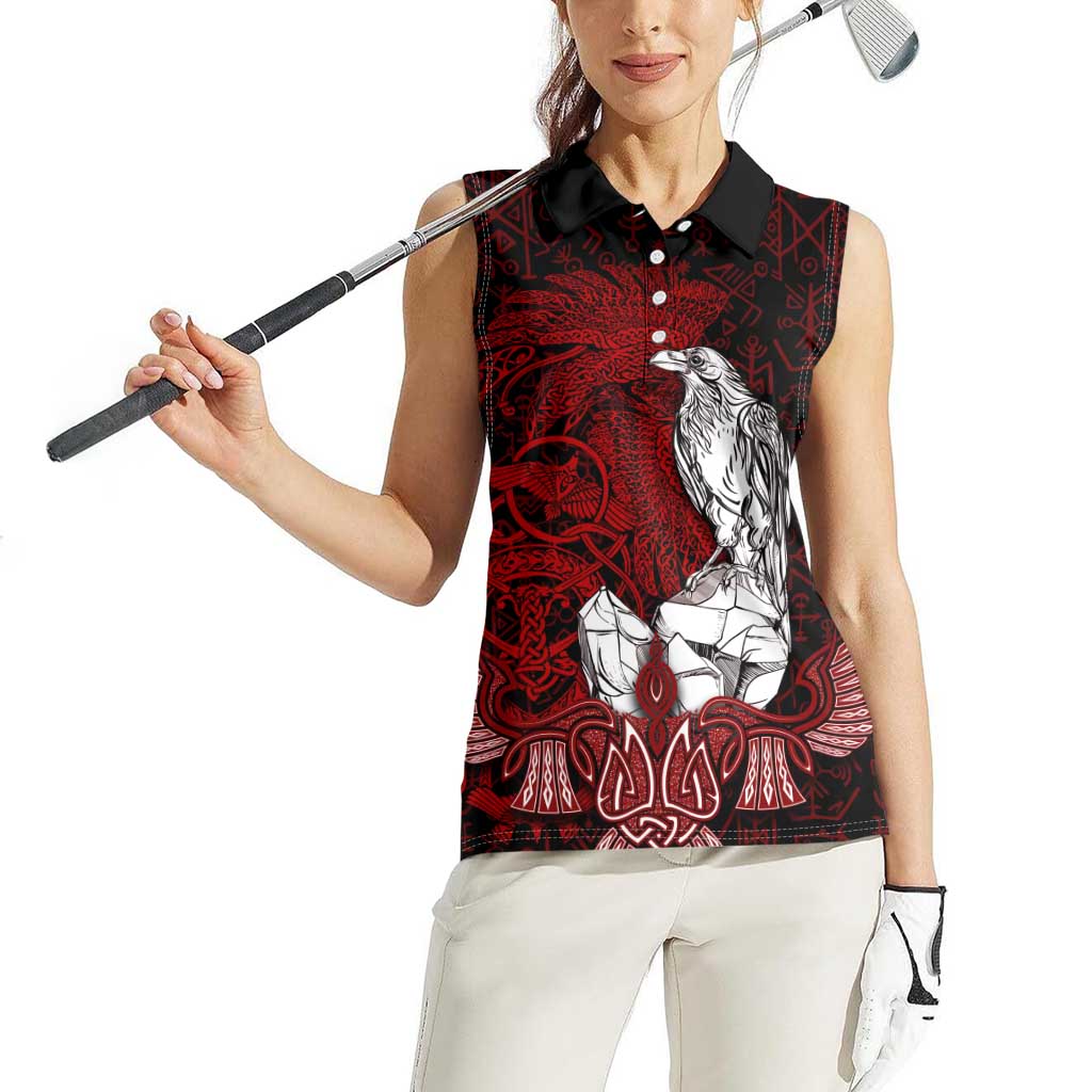 Raven and Serpent Norse Mythology Women Sleeveless Polo Shirt Red and White Viking Line Art