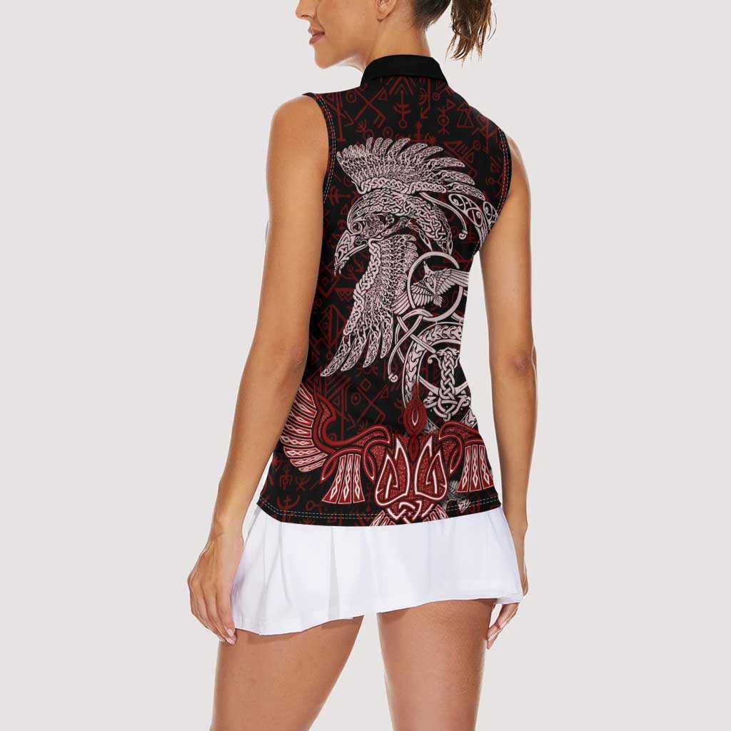 Raven and Serpent Norse Mythology Women Sleeveless Polo Shirt Red and White Viking Line Art