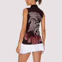 Raven and Serpent Norse Mythology Women Sleeveless Polo Shirt Red and White Viking Line Art