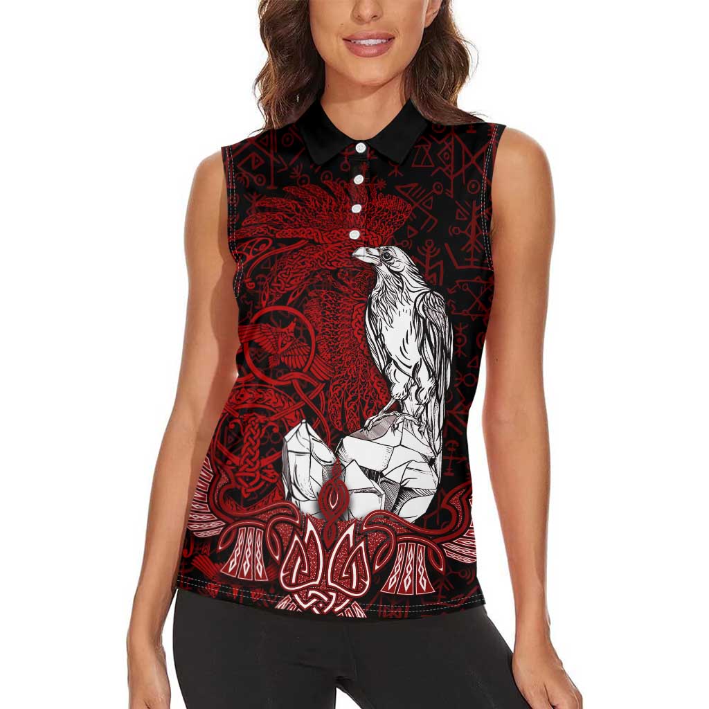 Raven and Serpent Norse Mythology Women Sleeveless Polo Shirt Red and White Viking Line Art