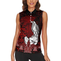 Raven and Serpent Norse Mythology Women Sleeveless Polo Shirt Red and White Viking Line Art