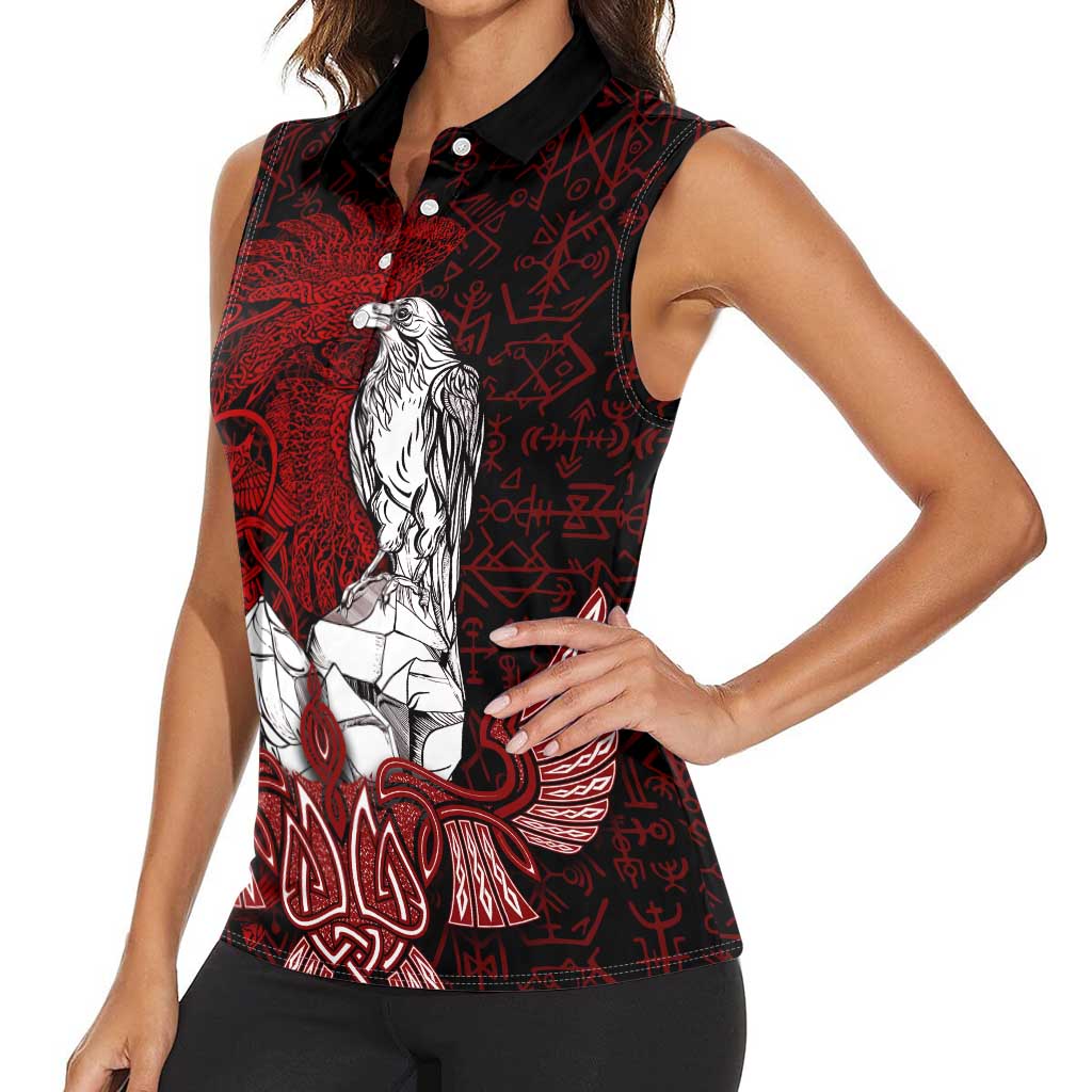 Raven and Serpent Norse Mythology Women Sleeveless Polo Shirt Red and White Viking Line Art