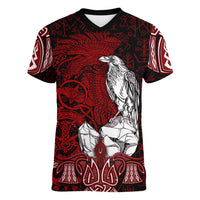 Raven and Serpent Norse Mythology Women V-Neck T-Shirt Red and White Viking Line Art