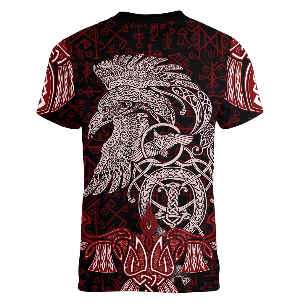 Raven and Serpent Norse Mythology Women V-Neck T-Shirt Red and White Viking Line Art