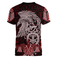 Raven and Serpent Norse Mythology Women V-Neck T-Shirt Red and White Viking Line Art