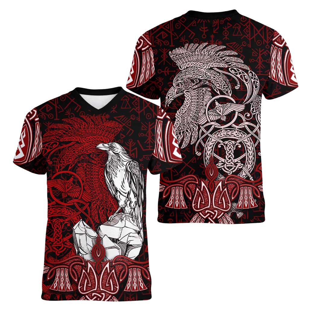 Raven and Serpent Norse Mythology Women V-Neck T-Shirt Red and White Viking Line Art