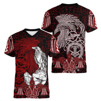 Raven and Serpent Norse Mythology Women V-Neck T-Shirt Red and White Viking Line Art