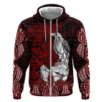 Raven and Serpent Norse Mythology Zip Hoodie Red and White Viking Line Art