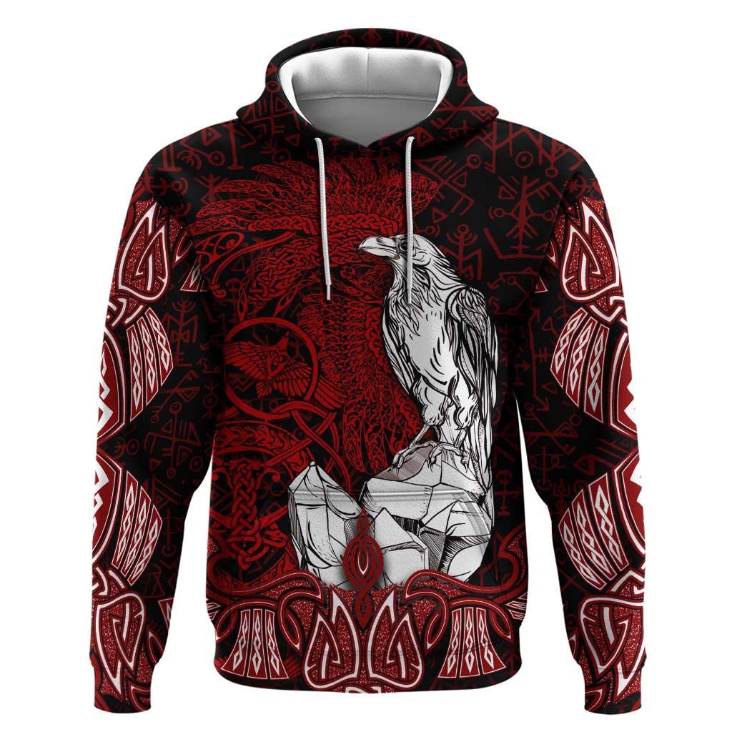 Raven and Serpent Norse Mythology Zip Hoodie Red and White Viking Line Art