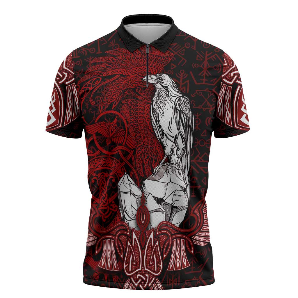 Raven and Serpent Norse Mythology Zipper Polo Shirt Red and White Viking Line Art