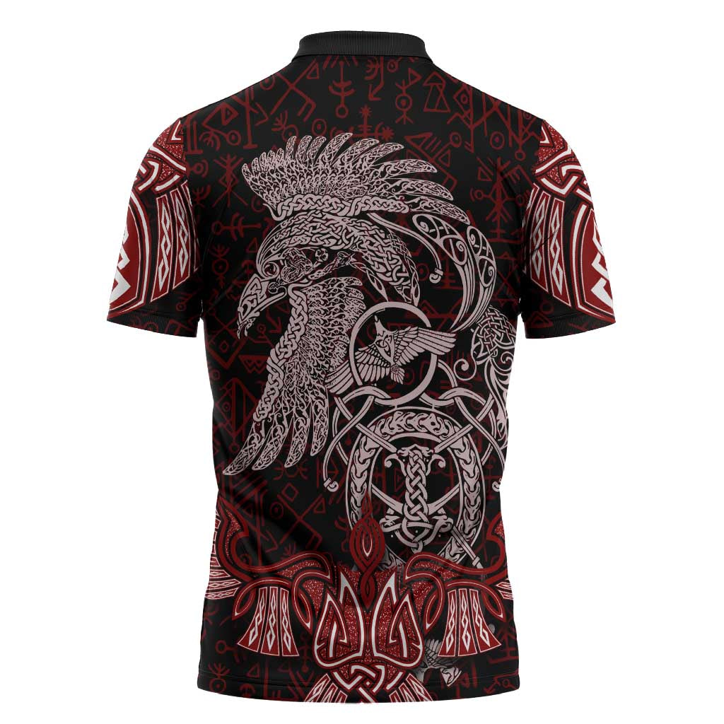 Raven and Serpent Norse Mythology Zipper Polo Shirt Red and White Viking Line Art