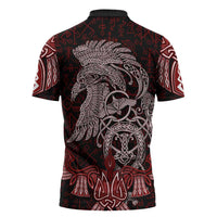 Raven and Serpent Norse Mythology Zipper Polo Shirt Red and White Viking Line Art