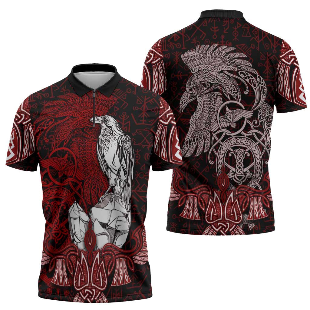 Raven and Serpent Norse Mythology Zipper Polo Shirt Red and White Viking Line Art
