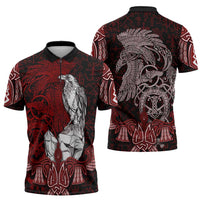 Raven and Serpent Norse Mythology Zipper Polo Shirt Red and White Viking Line Art