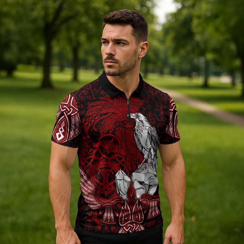 Raven and Serpent Norse Mythology Zipper Polo Shirt Red and White Viking Line Art
