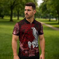 Raven and Serpent Norse Mythology Zipper Polo Shirt Red and White Viking Line Art