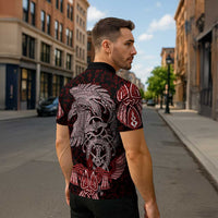 Raven and Serpent Norse Mythology Zipper Polo Shirt Red and White Viking Line Art