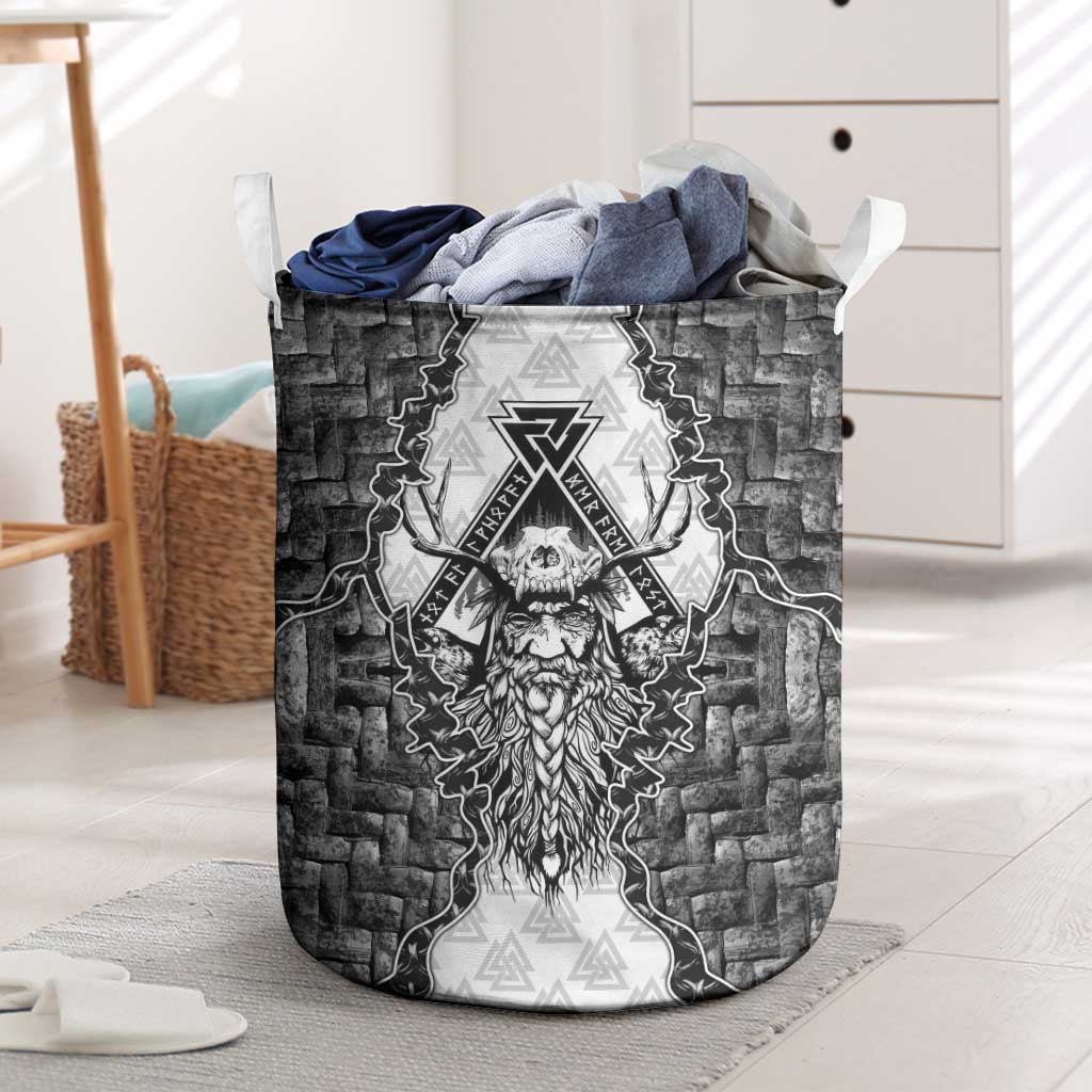Odin and Skull Warrior Norse Mythology Laundry Basket Viking Black and White Engraved Stone Art