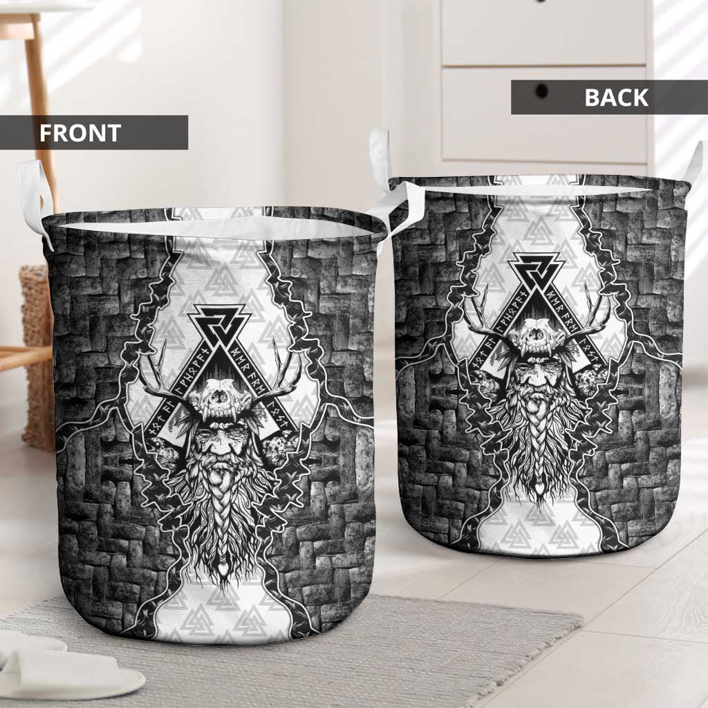 Odin and Skull Warrior Norse Mythology Laundry Basket Viking Black and White Engraved Stone Art