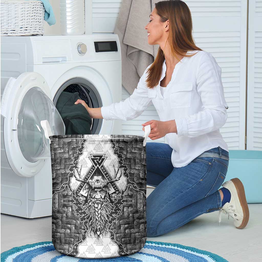 Odin and Skull Warrior Norse Mythology Laundry Basket Viking Black and White Engraved Stone Art