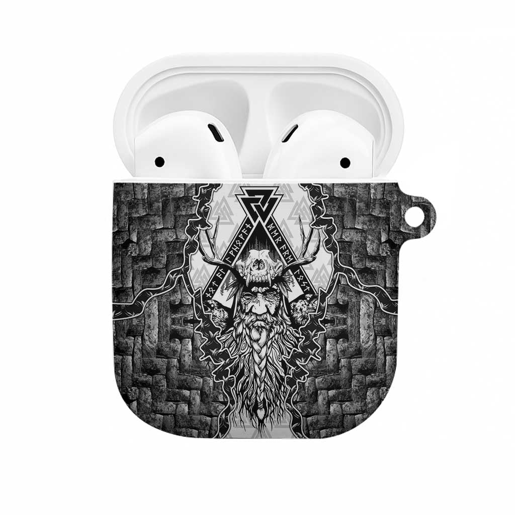 Odin and Skull Warrior Norse Mythology AirPods Case Viking Black and White Engraved Stone Art