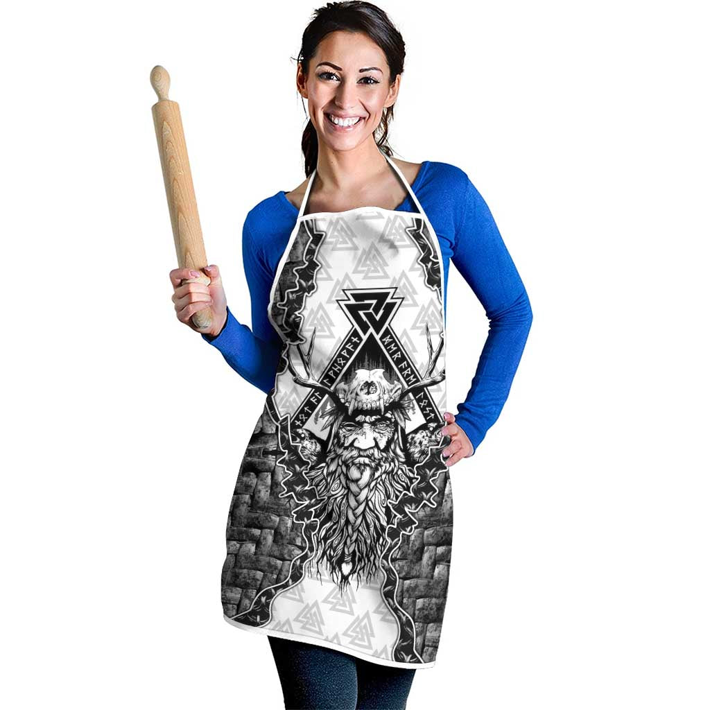 Odin and Skull Warrior Norse Mythology Apron Viking Black and White Engraved Stone Art