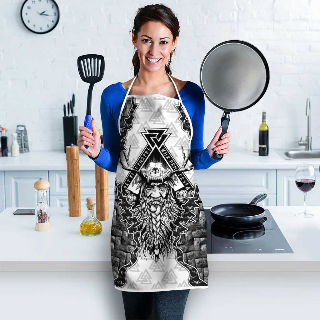 Odin and Skull Warrior Norse Mythology Apron Viking Black and White Engraved Stone Art