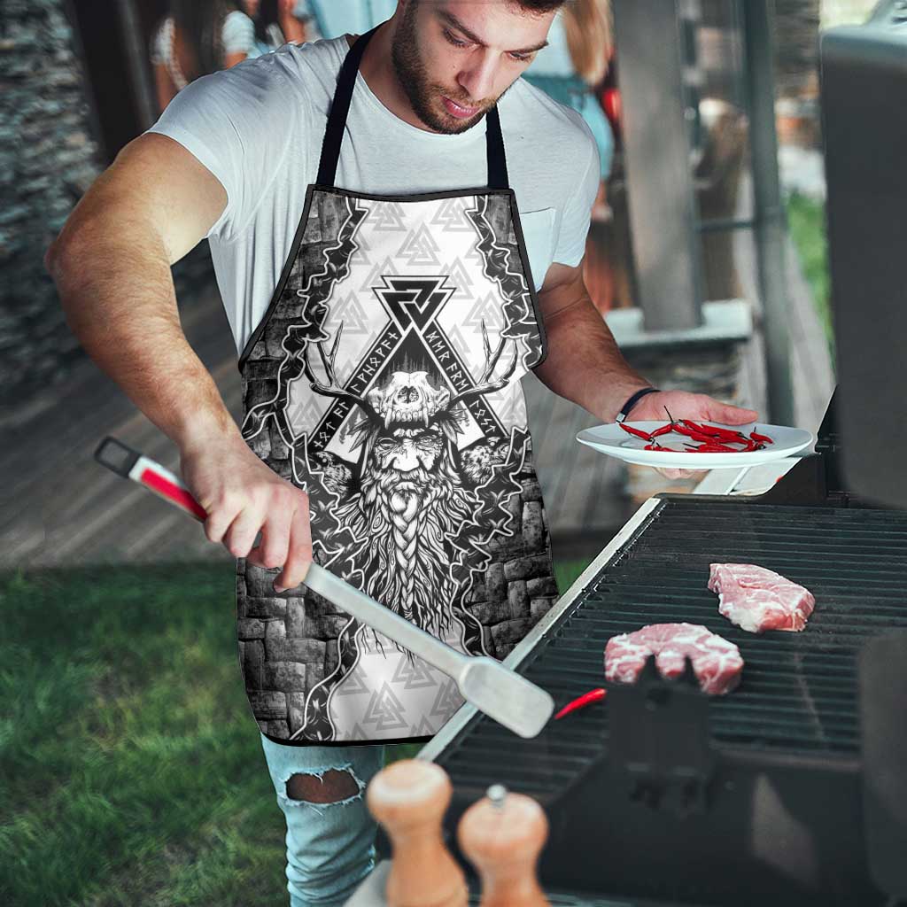 Odin and Skull Warrior Norse Mythology Apron Viking Black and White Engraved Stone Art