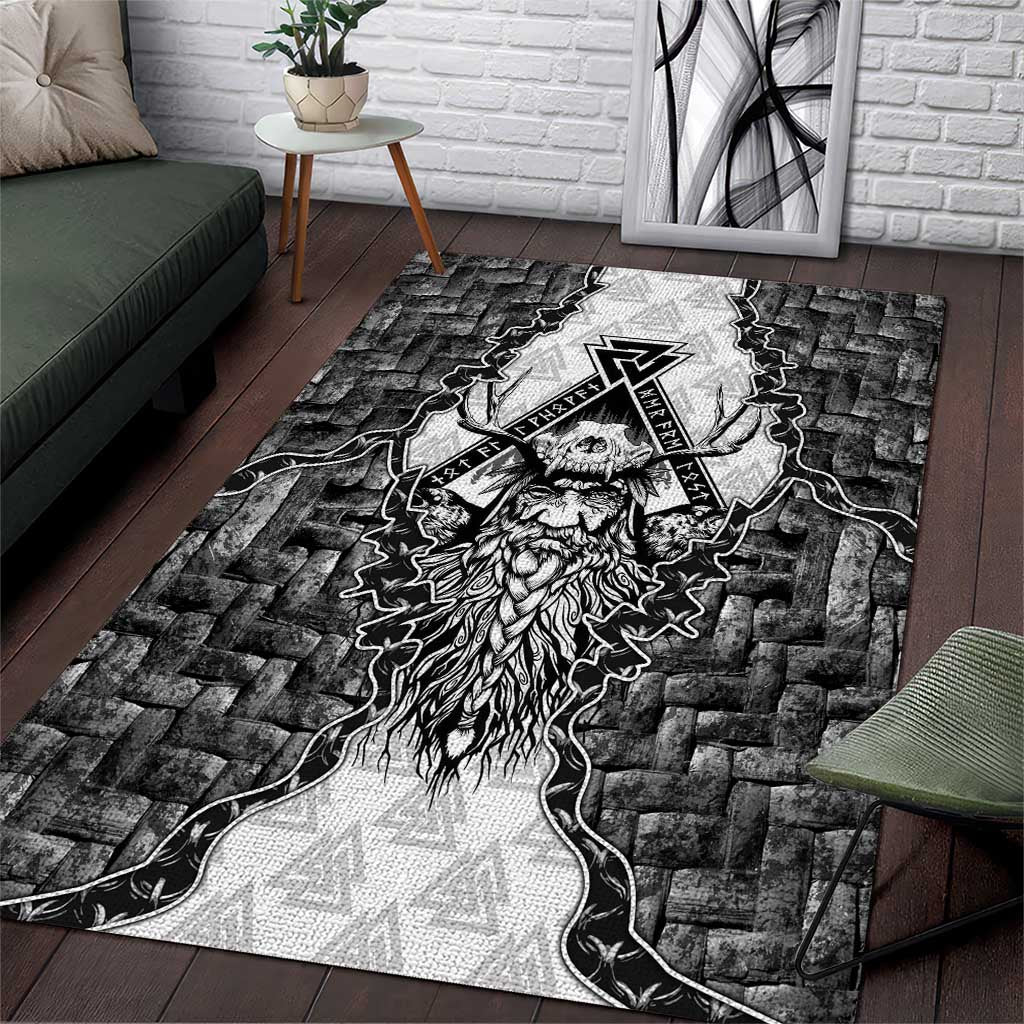 Odin and Skull Warrior Norse Mythology Area Rug Viking Black and White Engraved Stone Art