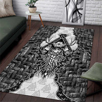 Odin and Skull Warrior Norse Mythology Area Rug Viking Black and White Engraved Stone Art