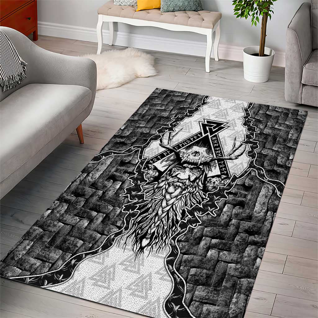 Odin and Skull Warrior Norse Mythology Area Rug Viking Black and White Engraved Stone Art
