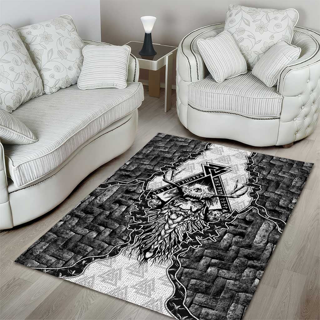 Odin and Skull Warrior Norse Mythology Area Rug Viking Black and White Engraved Stone Art