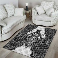 Odin and Skull Warrior Norse Mythology Area Rug Viking Black and White Engraved Stone Art