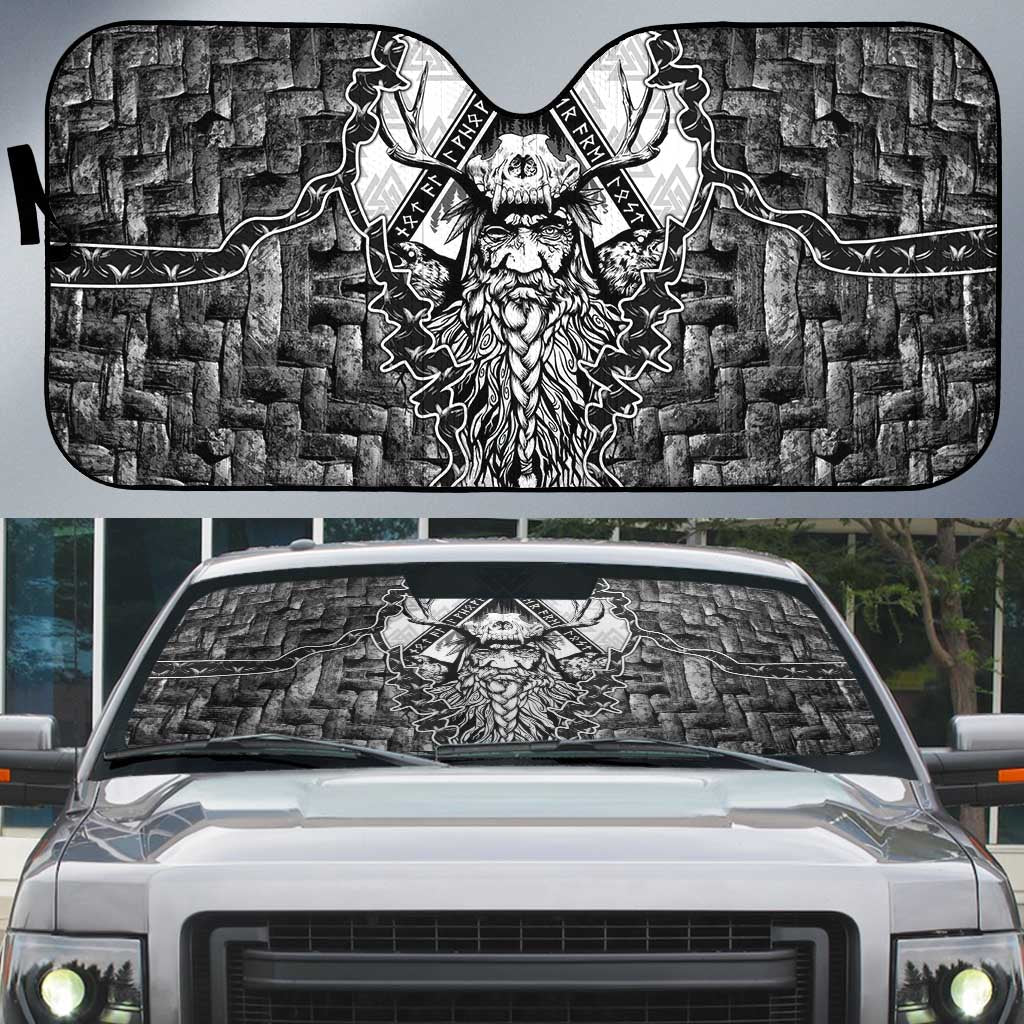 Odin and Skull Warrior Norse Mythology Auto Sun Shade Viking Black and White Engraved Stone Art