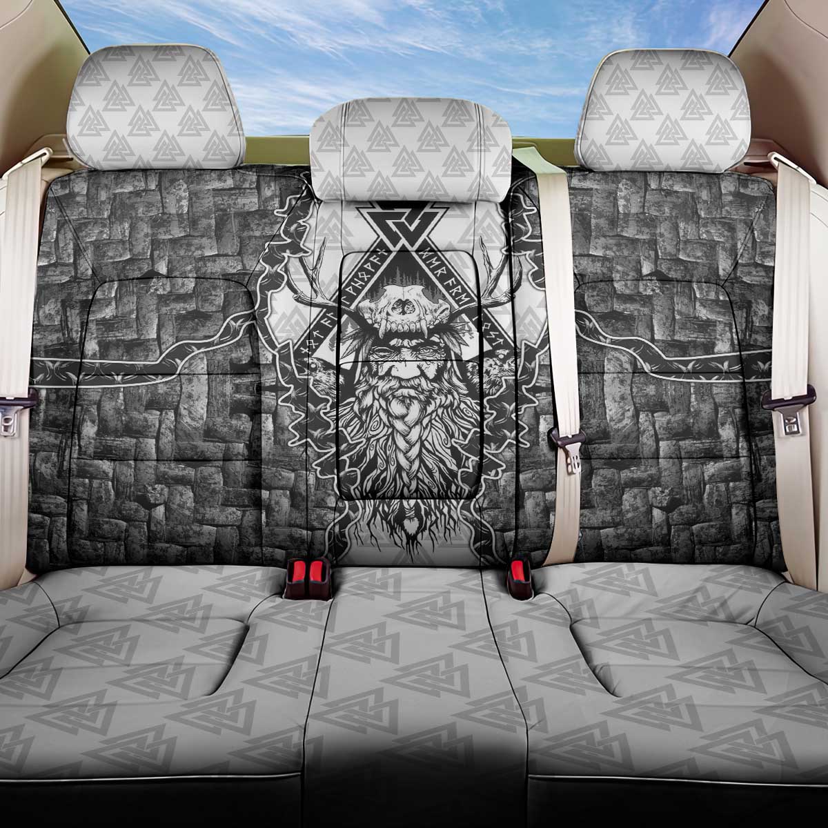 Odin and Skull Warrior Norse Mythology Back Car Seat Cover Viking Black and White Engraved Stone Art