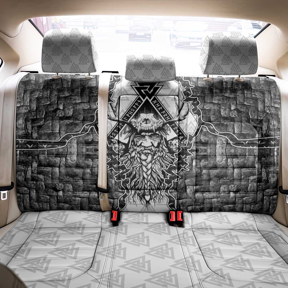 Odin and Skull Warrior Norse Mythology Back Car Seat Cover Viking Black and White Engraved Stone Art