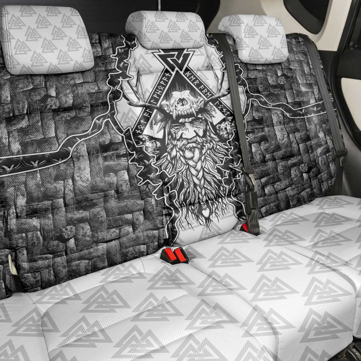 Odin and Skull Warrior Norse Mythology Back Car Seat Cover Viking Black and White Engraved Stone Art