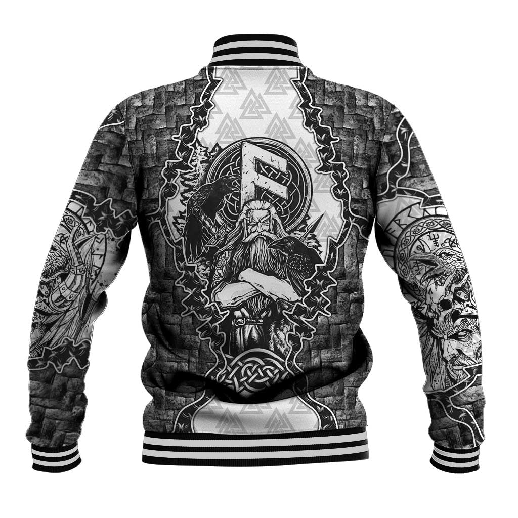 Odin and Skull Warrior Norse Mythology Baseball Jacket Viking Black and White Engraved Stone Art