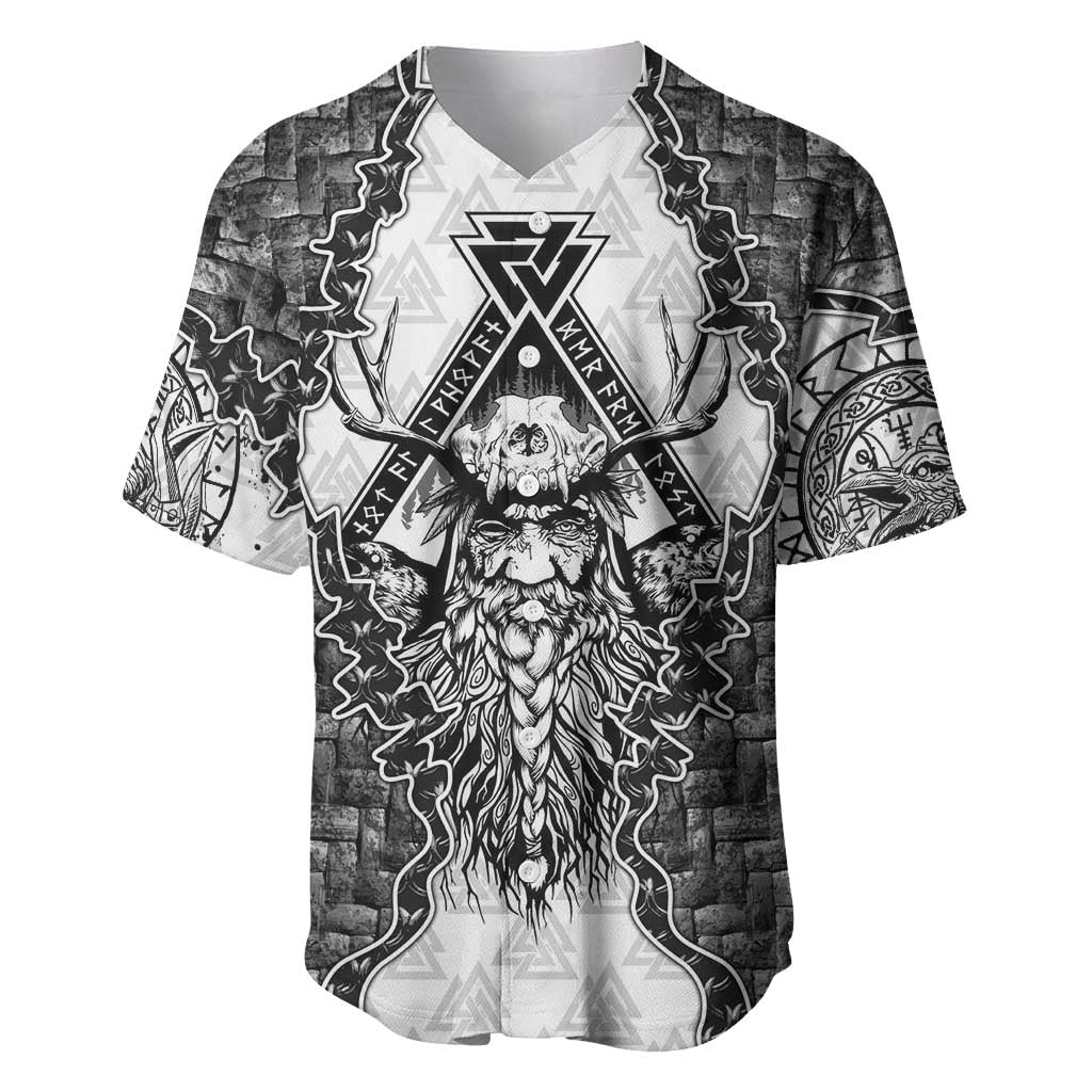 Odin and Skull Warrior Norse Mythology Baseball Jersey Viking Black and White Engraved Stone Art