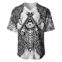 Odin and Skull Warrior Norse Mythology Baseball Jersey Viking Black and White Engraved Stone Art