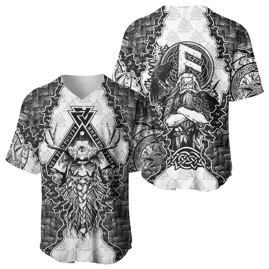 Odin and Skull Warrior Norse Mythology Baseball Jersey Viking Black and White Engraved Stone Art