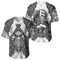 Odin and Skull Warrior Norse Mythology Baseball Jersey Viking Black and White Engraved Stone Art