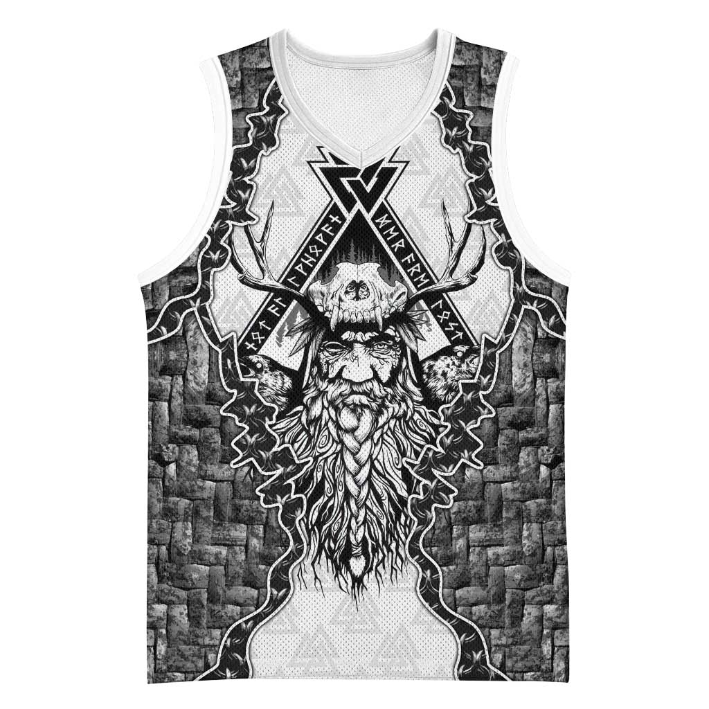 Odin and Skull Warrior Norse Mythology Basketball Jersey Viking Black and White Engraved Stone Art
