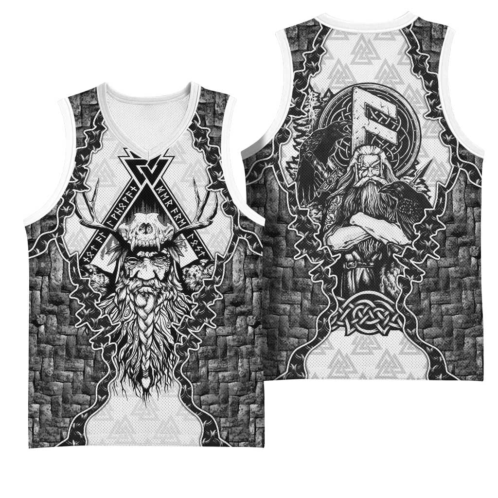 Odin and Skull Warrior Norse Mythology Basketball Jersey Viking Black and White Engraved Stone Art