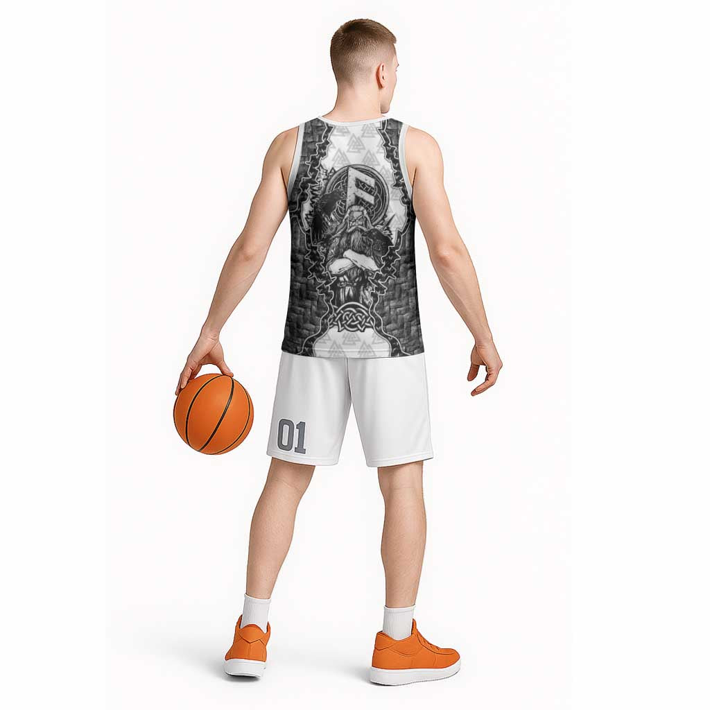 Odin and Skull Warrior Norse Mythology Basketball Jersey Viking Black and White Engraved Stone Art